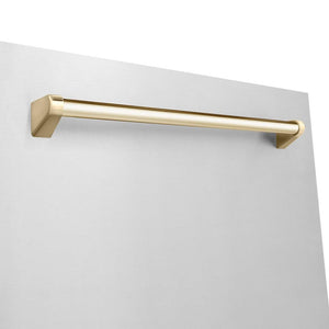 Close-up Polished Gold handle on ZLINE Autograph Edition 24 in. 3rd Rack Top Touch Control Tall Tub Dishwasher in Stainless Steel with Polished Gold Handle, 45dBa (DWMTZ-304-24-G)