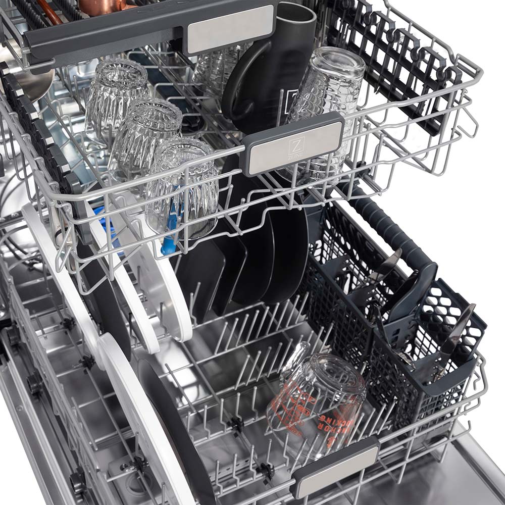 ZLINE Autograph Edition 24 in. 3rd Rack Top Touch Control Tall Tub Dishwasher in Stainless Steel with Matte Black Handle, 45dBa (DWMTZ-304-24-MB) close-up, dishes loaded on dish rack.