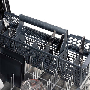 ZLINE Autograph Edition 24 in. 3rd Rack Top Touch Control Tall Tub Dishwasher in Stainless Steel with Matte Black Handle, 45dBa (DWMTZ-304-24-MB) close-up, utensil holder on bottom rack.