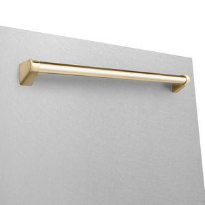Close-up Polished Gold handle on ZLINE Autograph Edition 24 in. 3rd Rack Top Control Tall Tub Dishwasher in Fingerprint Resistant Stainless Steel with Polished Gold Accents, 45dBa (DWMTZ-SN-24-G)