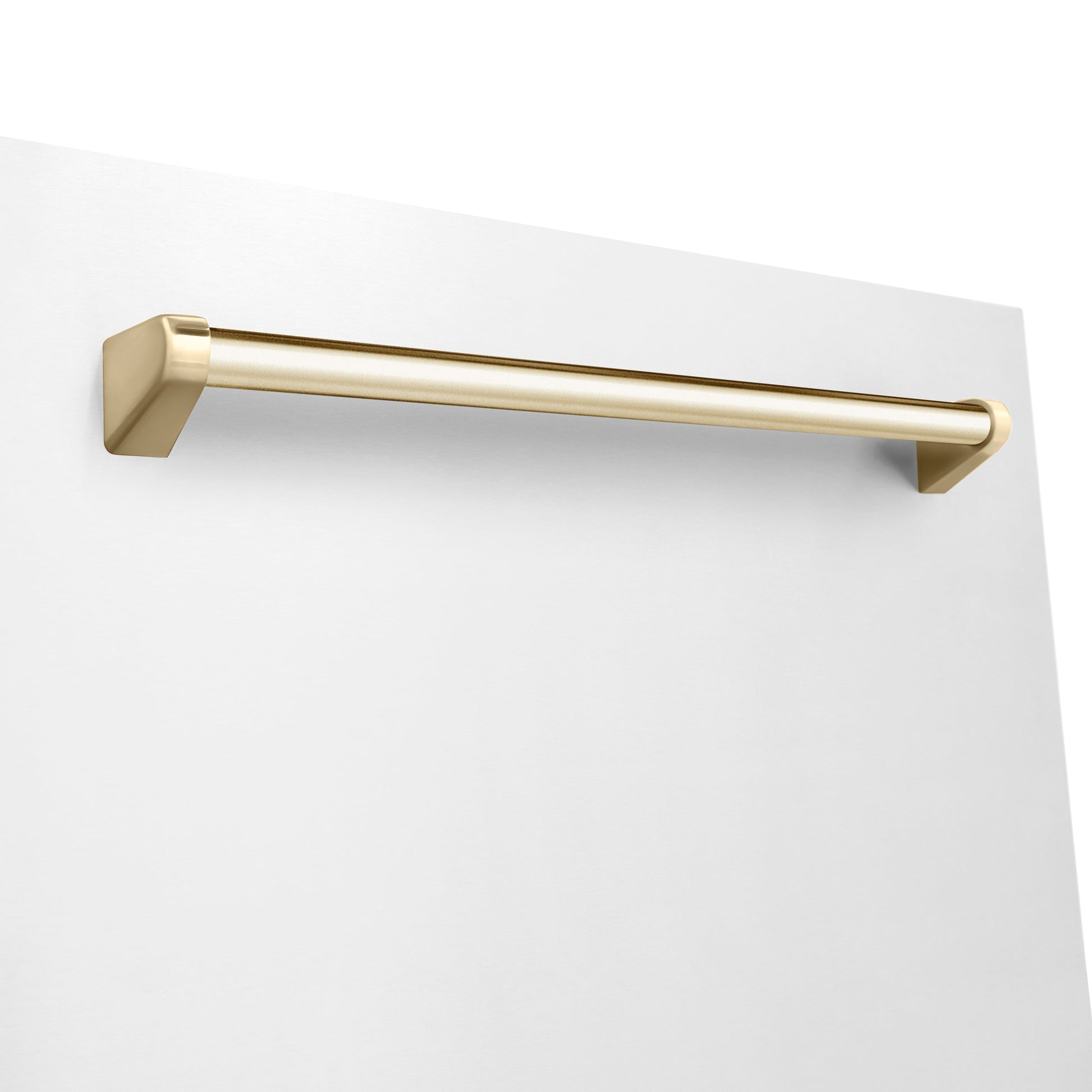 Close-up Polished Gold handle on ZLINE Autograph Edition 24 in. 3rd Rack Top Touch Control Tall Tub Dishwasher in White Matte with Polished Gold Accent Handle, 45dBa (DWMTZ-WM-24-G)