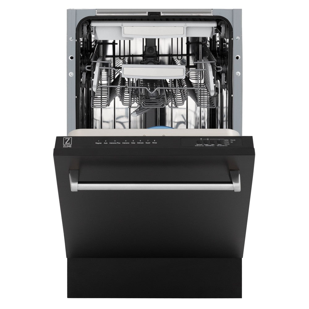 ZLINE 18 in. Tallac Series 3rd Rack Top Control Dishwasher with a Stainless Steel Tub with Black Matte Panel, 51dBa (DWV-BLM-18) front, half open.