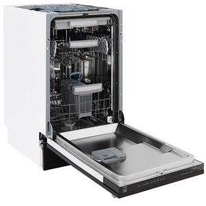 ZLINE 18 in. Tallac Series 3rd Rack Top Control Dishwasher with a Stainless Steel Tub with Black Matte Panel, 51dBa (DWV-BLM-18) side, open.