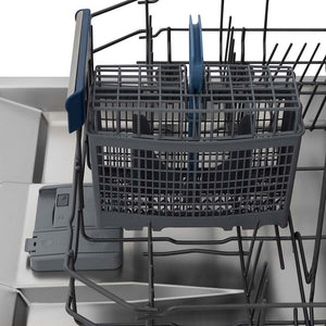 ZLINE 24 in. Tallac Series 3rd Rack Dishwasher with Black Matte Panel and Traditional Handle, 51dBa (DWV-BLM-24) close-up, utensil holder on bottom rack.