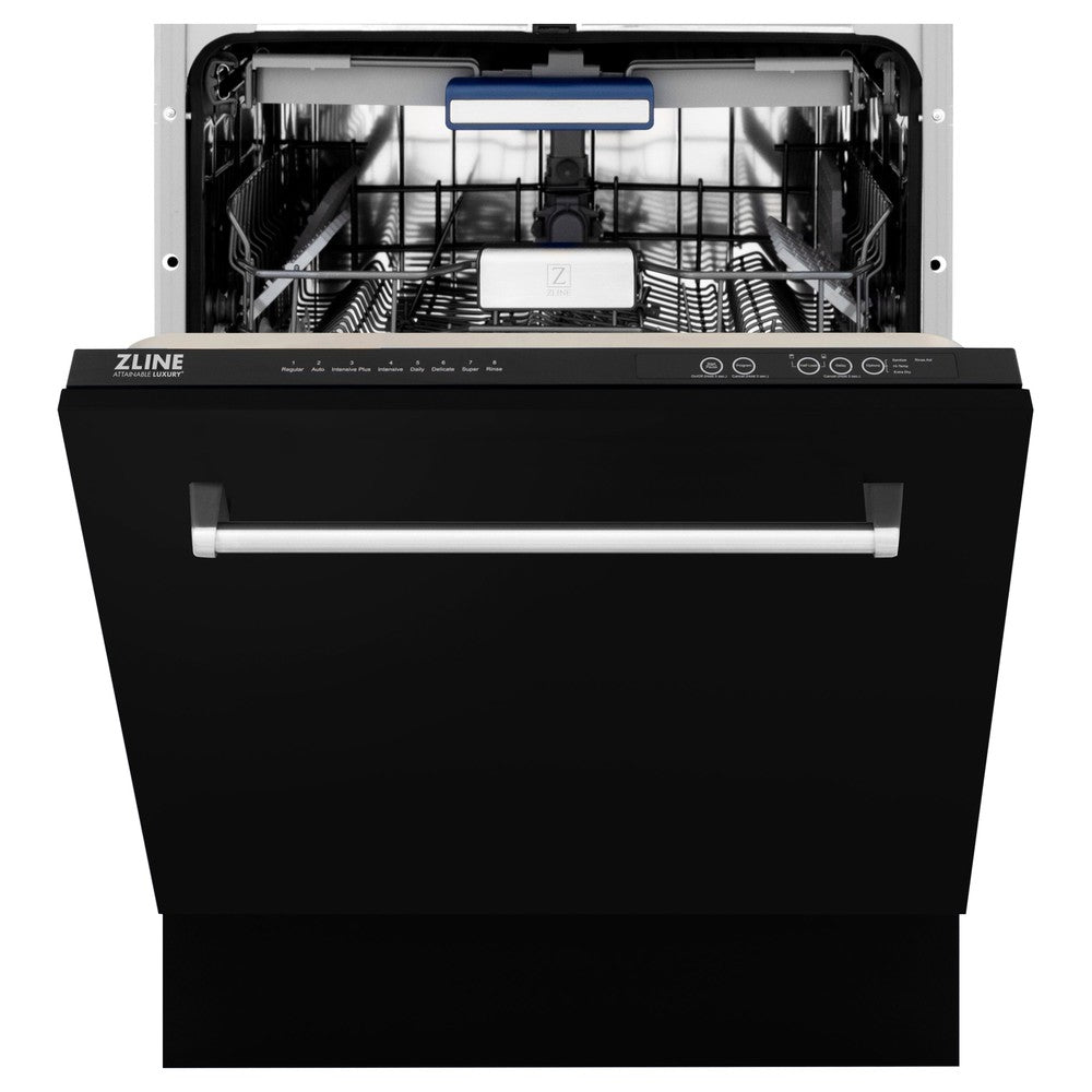 ZLINE 24 in. Tallac Series 3rd Rack Dishwasher with Black Matte Panel and Traditional Handle, 51dBa (DWV-BLM-24) front, half open.