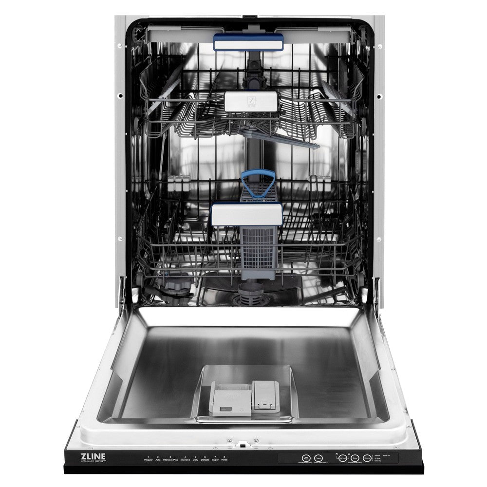 ZLINE 24" Tallac Series 3rd Rack Dishwasher with Matte Black Panel and Traditional Handle, 51dBa (DWV-BLM-24) front, door open.