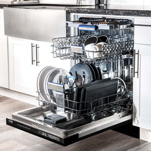 ZLINE 24 in. Tallac Series 3rd Rack Dishwasher with Black Matte Panel and Traditional Handle, 51dBa (DWV-BLM-24) side, open, in a luxury kitchen with dishes loaded on racks.