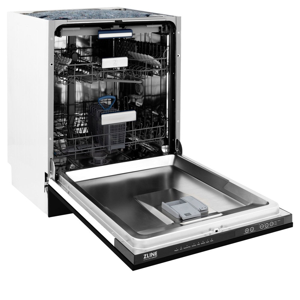 ZLINE 24 in. Tallac Series 3rd Rack Dishwasher with Black Matte Panel and Traditional Handle, 51dBa (DWV-BLM-24) side, open.