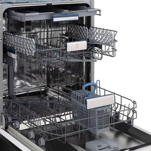 ZLINE 24 in. Tallac Series 3rd Rack Dishwasher with Black Stainless Steel Panel and Traditional Handle, 51dBa (DWV-BS-24) side, open, close-up dish racks.