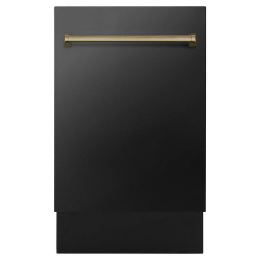 ZLINE Autograph Edition 18 in. Compact 3rd Rack Top Control Dishwasher in Black Stainless Steel with Champagne Bronze Accent Handle, 51dBa (DWVZ-BS-18-CB)