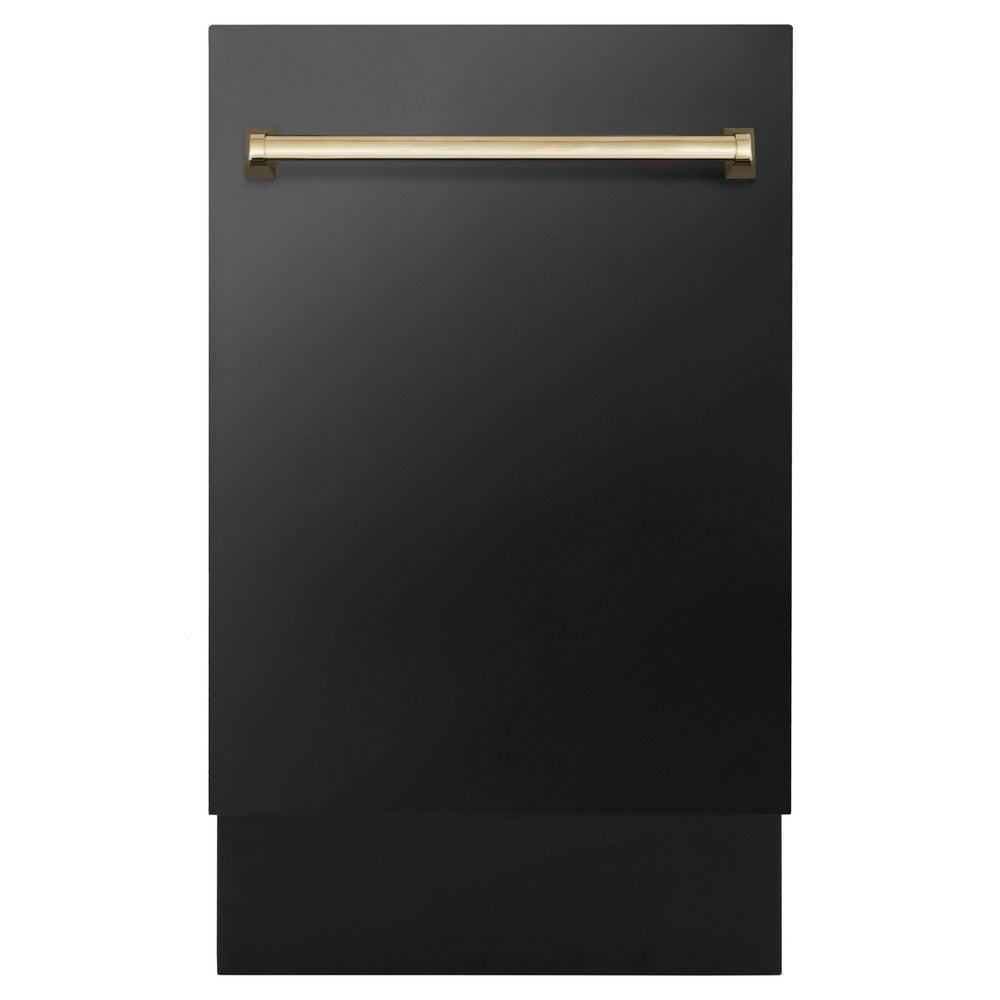 ZLINE Autograph Edition 18 in. Compact 3rd Rack Top Control Dishwasher in Black Stainless Steel with Polished Gold Accent Handle, 51dBa (DWVZ-BS-18-G) front.