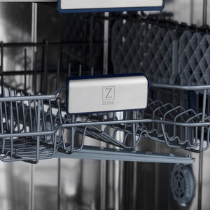 ZLINE Autograph Edition 24 in. 3rd Rack Top Control Tall Tub Dishwasher (DWVZ-24) close-up, branded dish rack with logo.