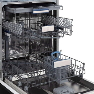 ZLINE Autograph Edition 24 in. 3rd Rack Top Control Tall Tub Dishwasher in Black Stainless Steel with Champagne Bronze Accent Handle, 51dBa (DWVZ-BS-24-CB) side, open, empty with racks extended.