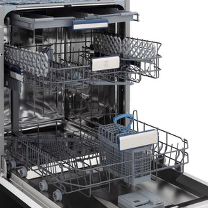 Three dish racks inside ZLINE dishwasher with stainless steel tub.