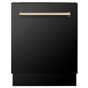 ZLINE Autograph Edition 24 in. 3rd Rack Top Control Tall Tub Dishwasher in Black Stainless Steel with Polished Gold Accent Handle, 51dBa (DWVZ-BS-24-G) front, closed.