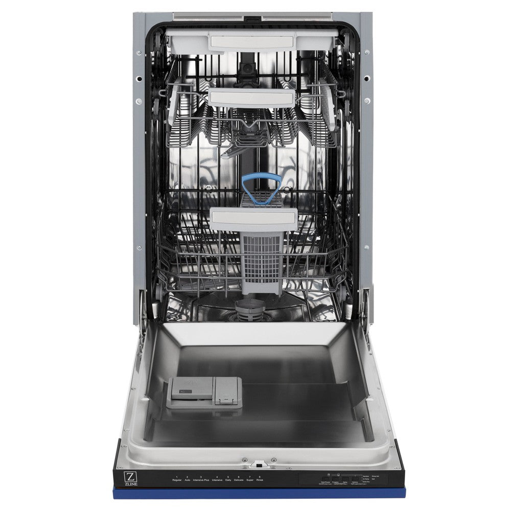 ZLINE 18 in. Tallac Series 3rd Rack Top Control Dishwasher with a Stainless Steel Tub with Blue Matte Panel, 51dBa (DWV-BM-18) front, door open.