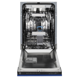 ZLINE 18 in. Tallac Series 3rd Rack Top Control Dishwasher with a Stainless Steel Tub with Blue Matte Panel, 51dBa (DWV-BM-18) front, open.
