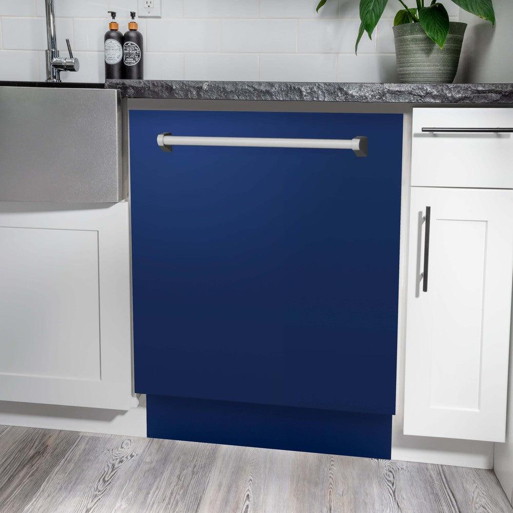 ZLINE 24 in. Monument Series 3rd Rack Top Touch Control Dishwasher with Blue Gloss Panel, 45dBa (DWMT-24-BG) in a kitchen with white cabinets and stone countertops.