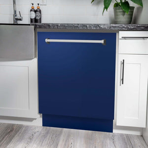 ZLINE 24 in. Monument Series 3rd Rack Top Touch Control Dishwasher with Blue Matte Panel, 45dBa (DWMT-24-BM) in a kitchen with white cabinets and stone countertops.