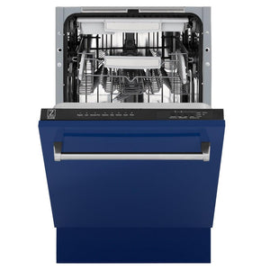 ZLINE 18 in. Tallac Series 3rd Rack Top Control Dishwasher with a Stainless Steel Tub with Blue Gloss Panel, 51dBa (DWV-BG-18) front, half open.