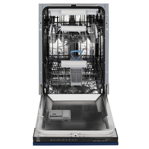 ZLINE 18 in. Tallac Series 3rd Rack Top Control Dishwasher with a Stainless Steel Tub with Blue Gloss Panel, 51dBa (DWV-BG-18) front, open.