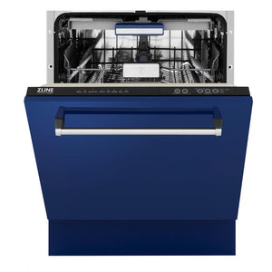 ZLINE 24 in. Tallac Series 3rd Rack Dishwasher with Blue Gloss Panel and Traditional Handle, 51dBa (DWV-BG-24) front, half open.