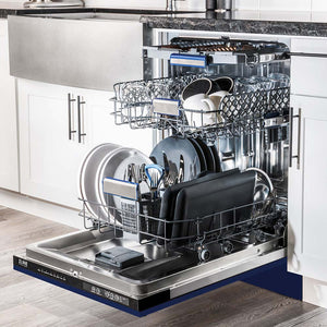 ZLINE 24 in. Tallac Series 3rd Rack Dishwasher with Blue Gloss Panel and Traditional Handle, 51dBa (DWV-BG-24) side, open, in a luxury kitchen with dishes loaded on racks.