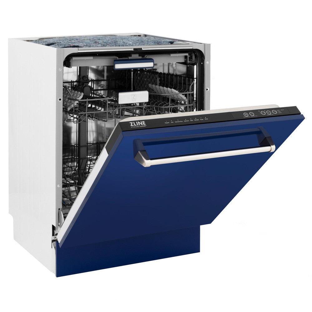 ZLINE 24 in. Tallac Series 3rd Rack Dishwasher with Blue Gloss Panel and Traditional Handle, 51dBa (DWV-BG-24) side, half open.