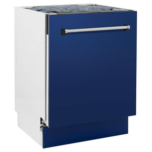 ZLINE 24 in. Tallac Series 3rd Rack Dishwasher with Blue Gloss Panel and Traditional Handle, 51dBa (DWV-BG-24) side, closed.