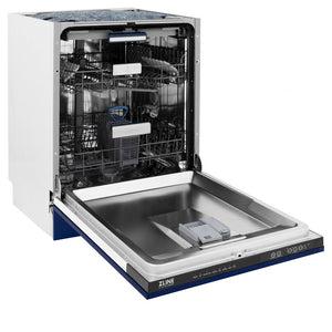 ZLINE 24 in. Tallac Series 3rd Rack Dishwasher with Blue Gloss Panel and Traditional Handle, 51dBa (DWV-BG-24) side, open.