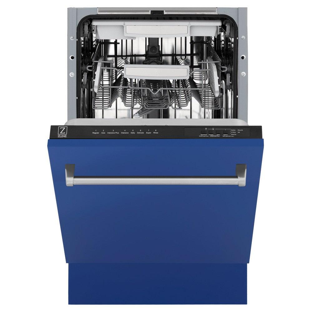 ZLINE 18 in. Tallac Series 3rd Rack Top Control Dishwasher with a Stainless Steel Tub with Blue Matte Panel, 51dBa (DWV-BM-18) front, half open.