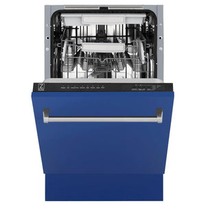ZLINE 18 in. Tallac Series 3rd Rack Top Control Dishwasher with a Stainless Steel Tub with Blue Matte Panel, 51dBa (DWV-BM-18) front, half open.
