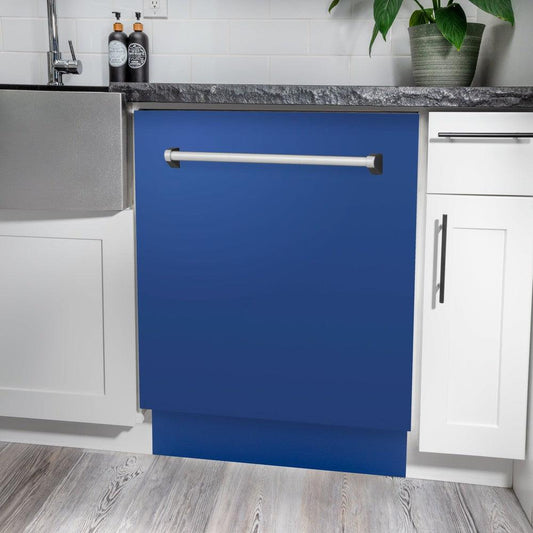 ZLINE 24 in. Tallac Series 3rd Rack Dishwasher with Blue Matte Panel and Traditional Handle, 51dBa (DWV-BM-24) in a kitchen with white cabinets and stone countertops.