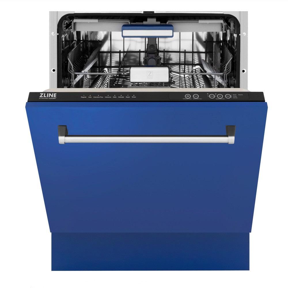 ZLINE 24 in. Tallac Series 3rd Rack Dishwasher with Blue Matte Panel and Traditional Handle, 51dBa (DWV-BM-24) front, half open.