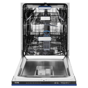 ZLINE 24 in. Tallac Series 3rd Rack Dishwasher with Blue Matte Panel and Traditional Handle, 51dBa (DWV-BM-24) front, open.