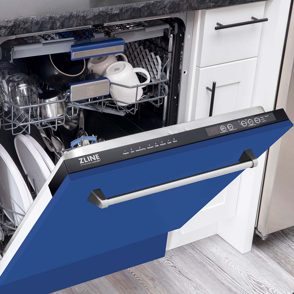 ZLINE 24 in. Tallac Series 3rd Rack Dishwasher with Blue Matte Panel and Traditional Handle, 51dBa (DWV-BM-24) half open with dishes inside in a kitchen with white cabinets and stone countertops.