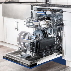 ZLINE 24 in. Tallac Series 3rd Rack Dishwasher with Blue Matte Panel and Traditional Handle, 51dBa (DWV-BM-24) side, open, in a luxury kitchen with dishes loaded on racks.