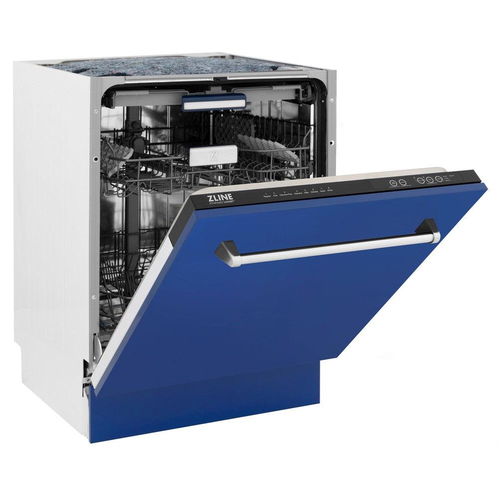 ZLINE 24 in. Tallac Series 3rd Rack Dishwasher with Blue Matte Panel and Traditional Handle, 51dBa (DWV-BM-24) side, half open.