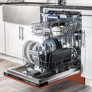 ZLINE 24 in. Tallac Series 3rd Rack Dishwasher with Copper Panel and Traditional Handle, 51dBa (DWV-C-24) side, open, in a luxury kitchen with dishes loaded on racks.