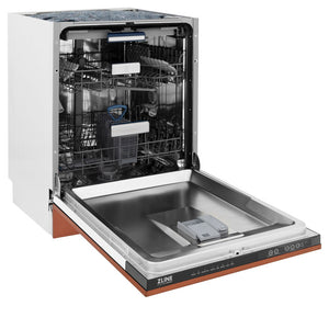 ZLINE 24 in. Tallac Series 3rd Rack Dishwasher with Copper Panel and Traditional Handle, 51dBa (DWV-C-24) side, open.