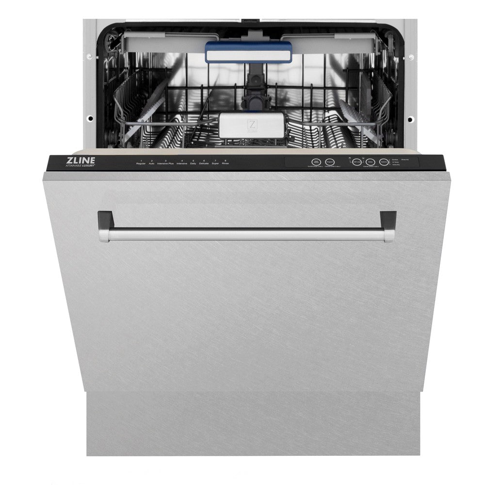 ZLINE 24" Tallac Dishwasher with DuraSnow Stainless Steel Panel and Traditional Handle front with door halfway open.