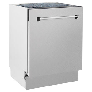 ZLINE 24" Tallac Dishwasher with Satin Stainless Steel Panel and Traditional Handle side.