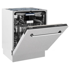 ZLINE 24" Tallac Dishwasher with Satin Stainless Steel Panel and Traditional Handle side with door half open.