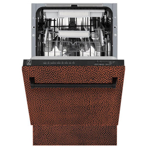 ZLINE 18 in. Tallac Series 3rd Rack Top Control Dishwasher with a Stainless Steel Tub with Hand-Hammered Copper Panel, 51dBa (DWV-HH-18) front, half open.