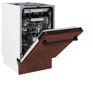 ZLINE 18 in. Tallac Series 3rd Rack Top Control Dishwasher with a Stainless Steel Tub with Hand-Hammered Copper Panel, 51dBa (DWV-HH-18) side, half open.