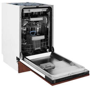 ZLINE 18 in. Tallac Series 3rd Rack Top Control Dishwasher with a Stainless Steel Tub with Hand-Hammered Copper Panel, 51dBa (DWV-HH-18) side, open.