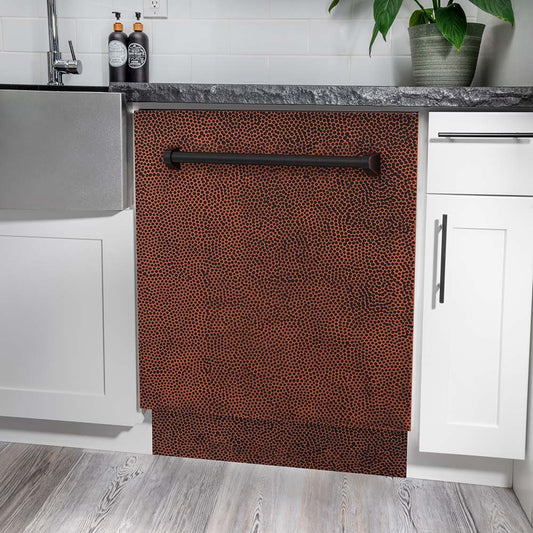 ZLINE 24 in. Tallac Series 3rd Rack Dishwasher with Hand-Hammered Copper Panel and Traditional Handle, 51dBa (DWV-HH-24) in a kitchen with white cabinets and stone countertops.