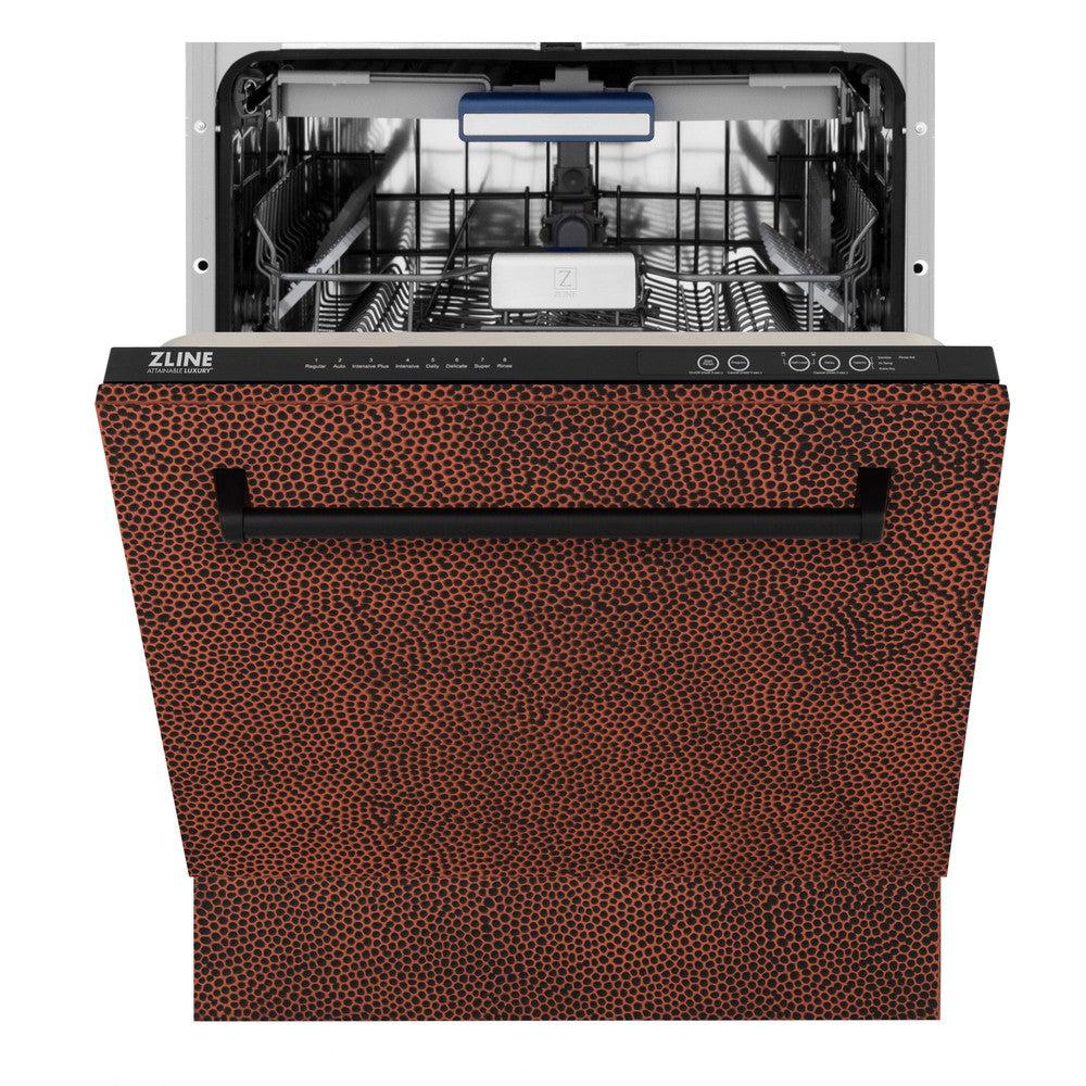 ZLINE 24" Tallac Series 3rd Rack Dishwasher with Hand-Hammered Copper Panel and Traditional Handle, 51dBa (DWV-HH-24) front, half open.