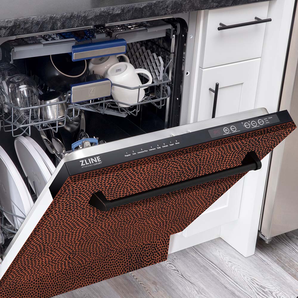 ZLINE 24 in. Tallac Series 3rd Rack Dishwasher with Hand-Hammered Copper Panel and Traditional Handle, 51dBa (DWV-HH-24) half open with dishes inside in a kitchen with white cabinets and stone countertops.