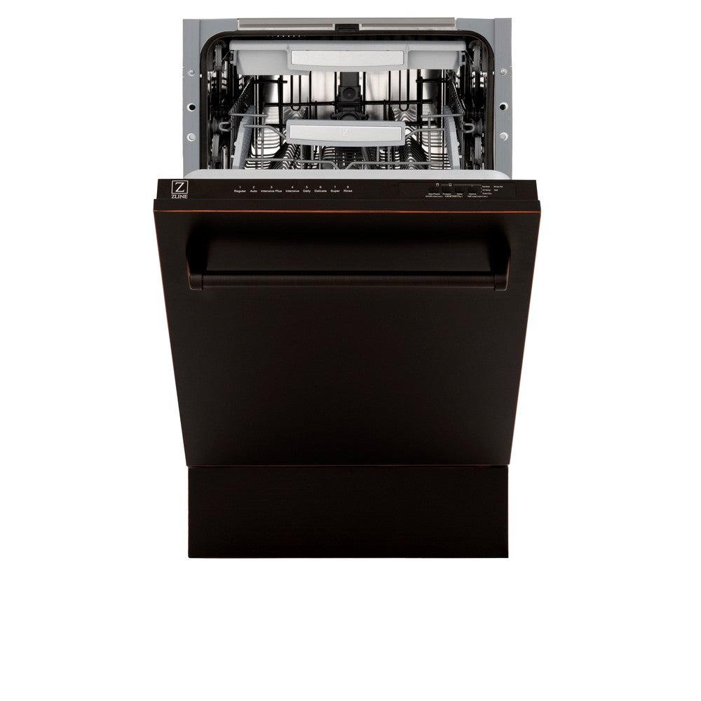 ZLINE 18 in. Tallac Series 3rd Rack Top Control Dishwasher with a Stainless Steel Tub with Oil-Rubbed Bronze Panel, 51dBa (DWV-ORB-18) front, half open.